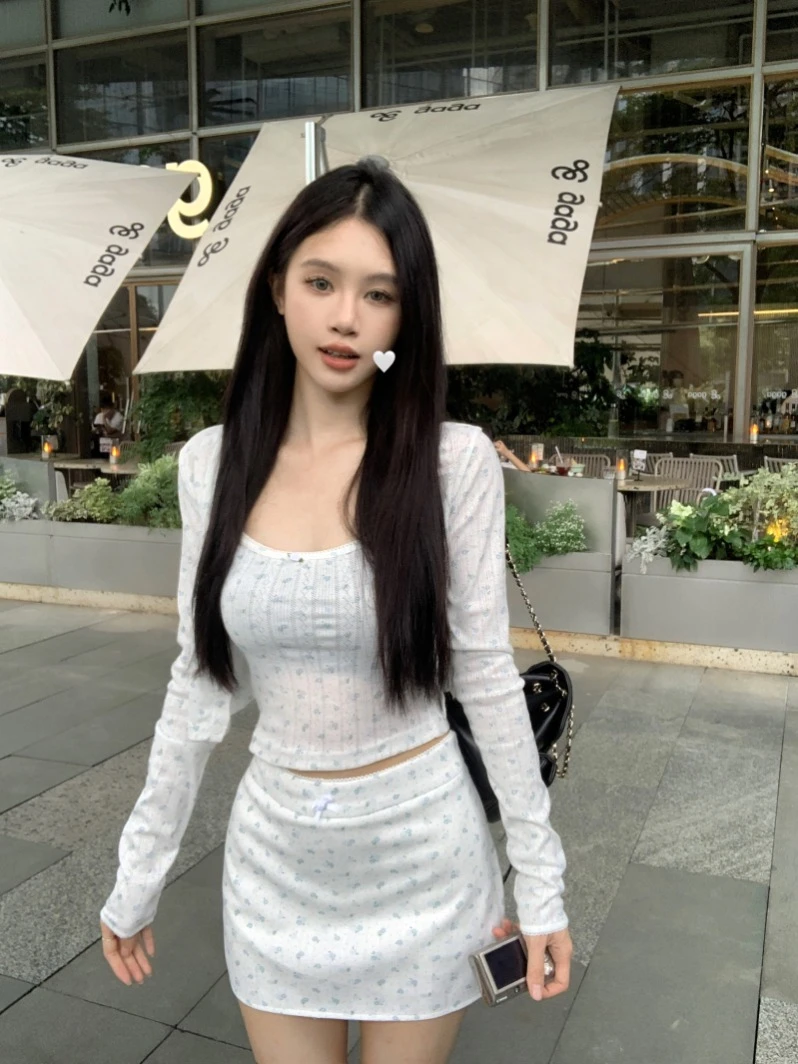 2024显瘦气质辣妹高腰碎花吊带/开衫/半身裙女小清新家居三件套