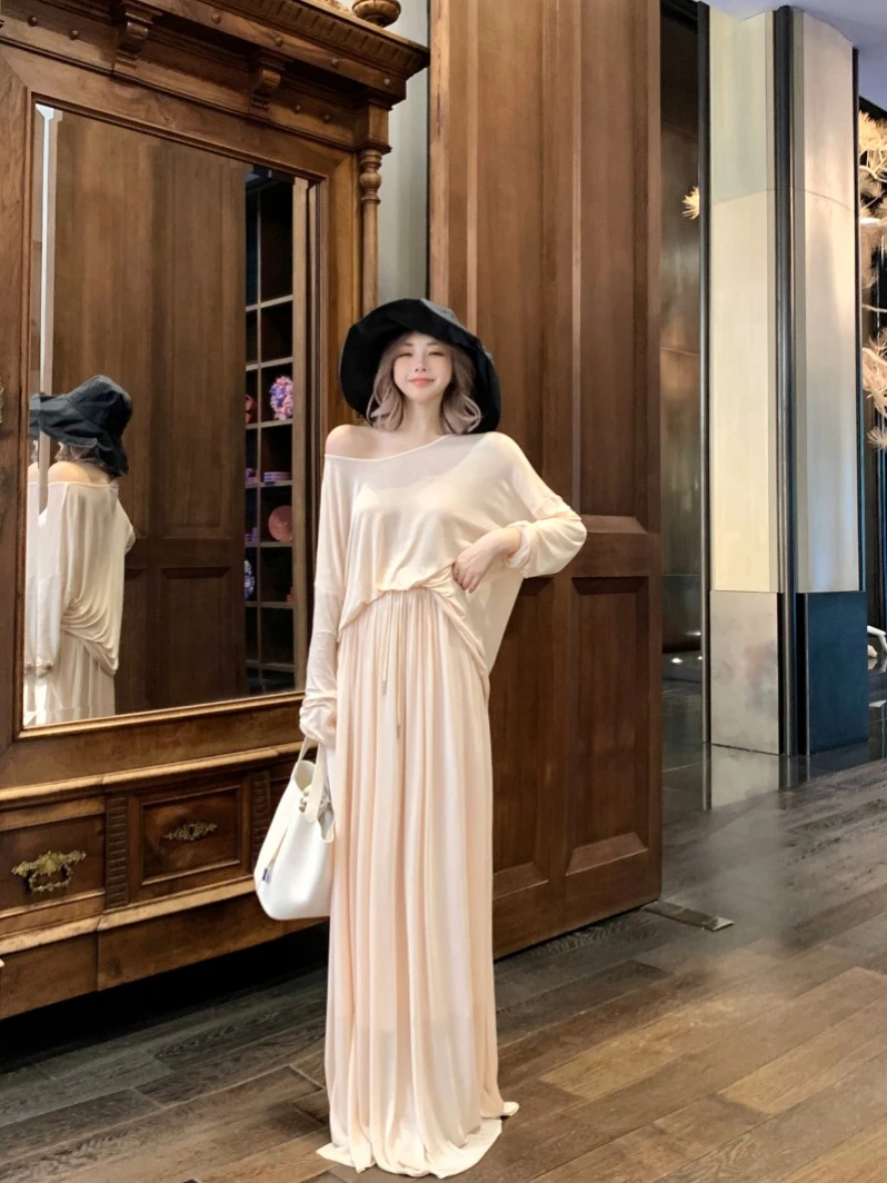 杰哥~时尚气质奶fufu女夏季长袖宽松防晒上衣+垂坠半裙