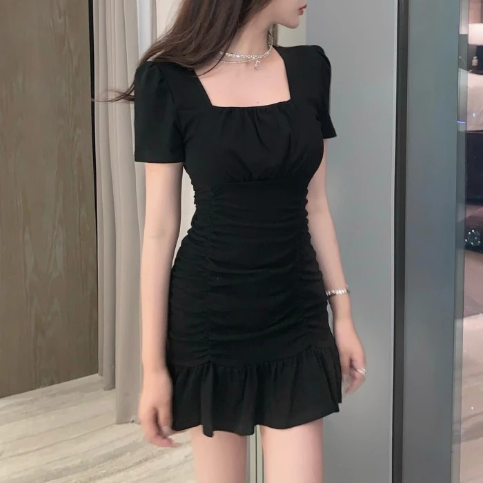 舒C 法式方领荷叶边包臀短裙夏季小个子修身显瘦女神范褶皱连衣裙