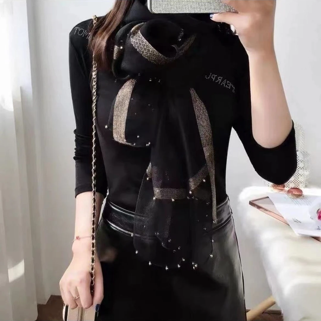 C037 黑色钉珠款 刺绣桑蚕丝羊毛围巾丝巾披肩通用