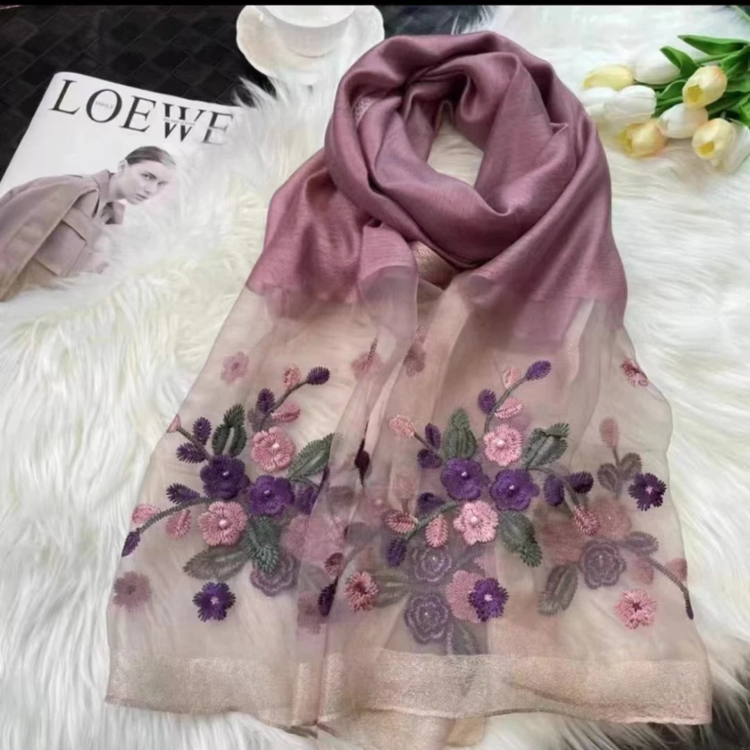 C021 紫色海棠花 秋冬款刺绣款桑蚕丝羊毛围巾丝巾披肩75*175