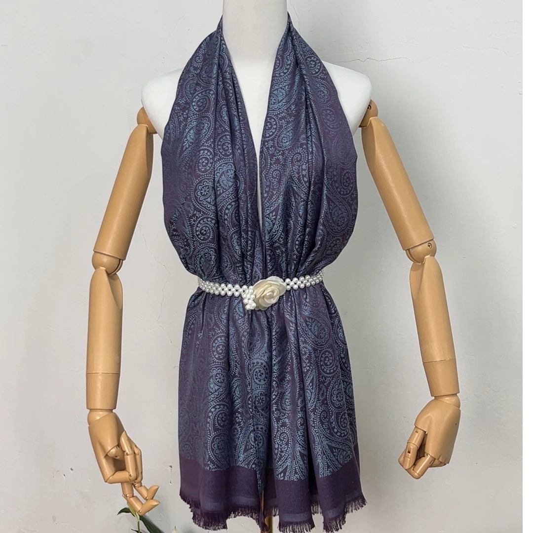 M-019 雪芽腰果 深蓝 欧式织花  70*180cm 时尚百搭长款披肩围巾