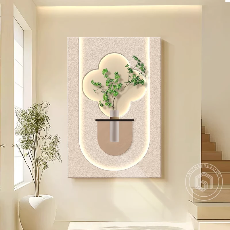 【雅韵万家】奶油风入户玄关装饰画真花瓶发光高档走廊尽头挂画