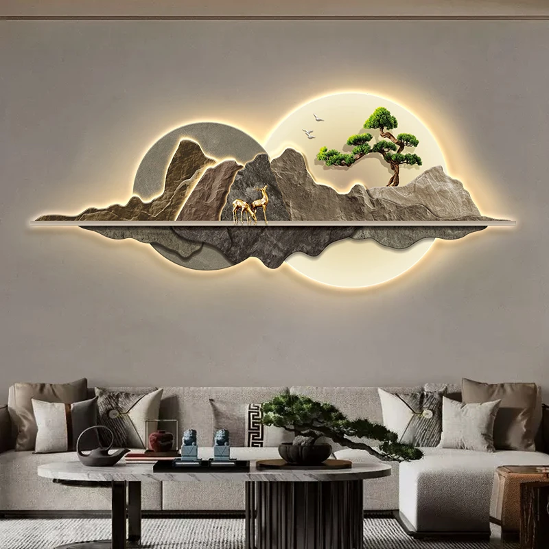 【雅韵万家】迎客松高端山水壁画客厅好寓意LED灯背景墙装饰画