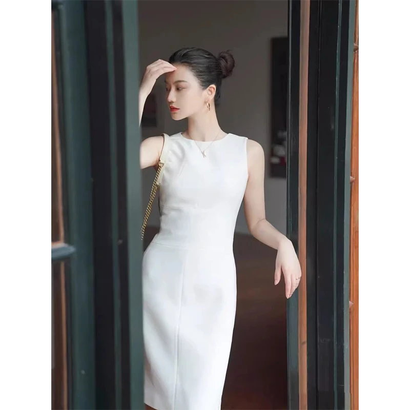 春夏季新款白色无袖修身显瘦气质职业OL中长款高级感纯色连衣裙女