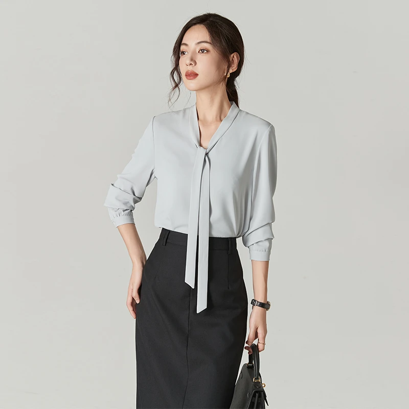 24春秋新款职业衬衫女士冰蓝灰色飘带高级感通勤修身长袖内搭上衣