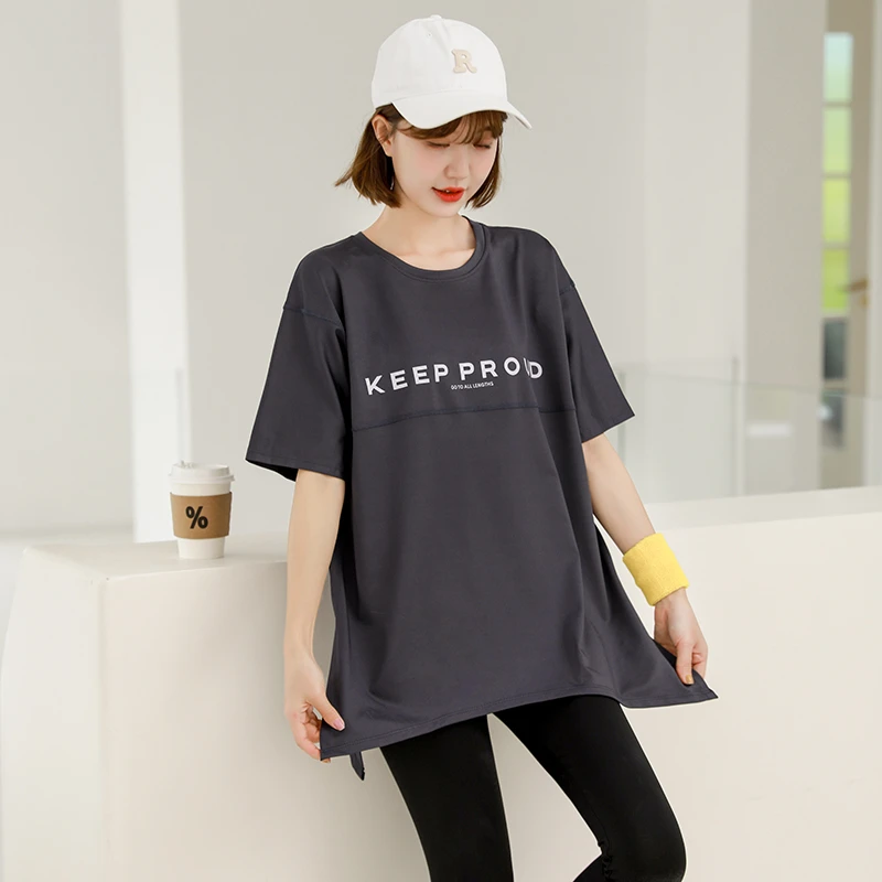 时尚休闲运动上衣夏季薄款女宽松显瘦大码中长款韩版瑜伽短袖