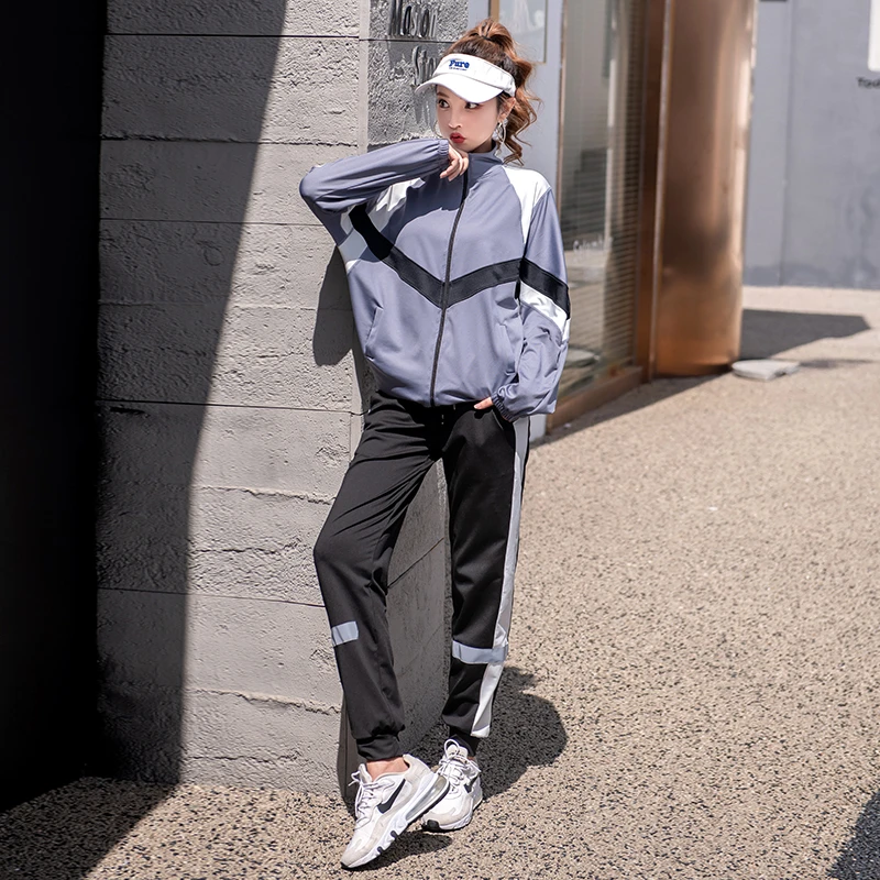 秋季宽松韩版开衫户外休闲跑步休闲运动套装女士健身长袖两件套