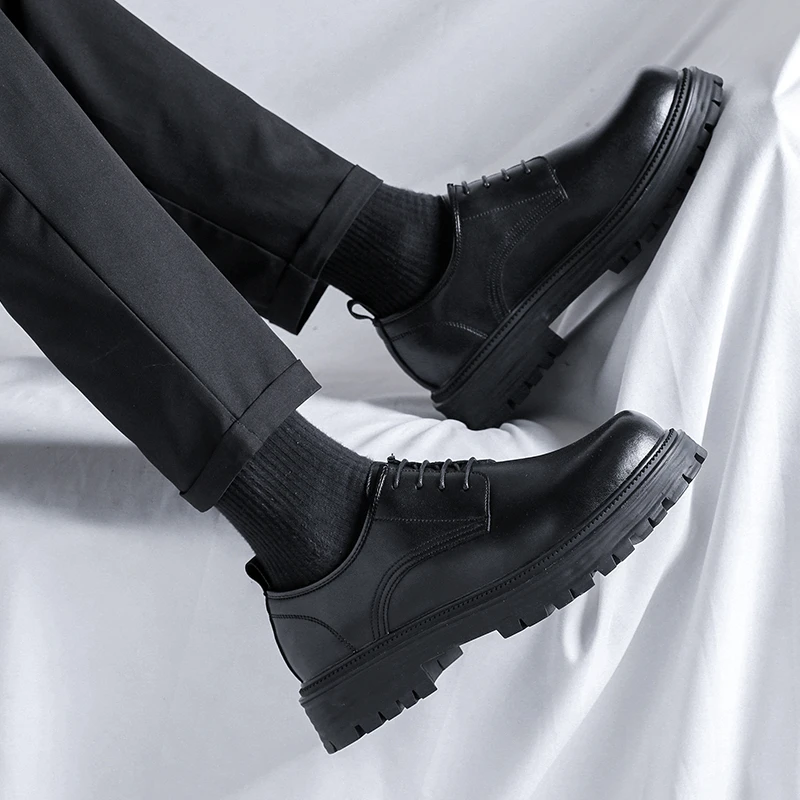 秋冬韩版英伦休闲纯色百搭厚底低帮皮鞋