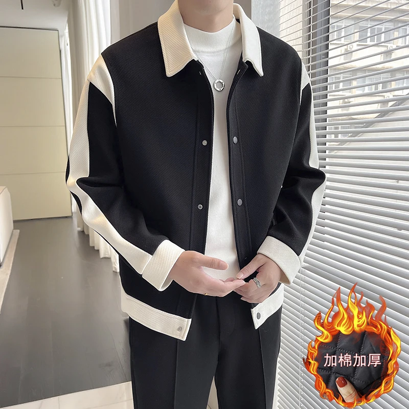 秋冬新款韩版休闲帅气百搭拼色毛呢夹克外套翻领长袖痞帅潮流