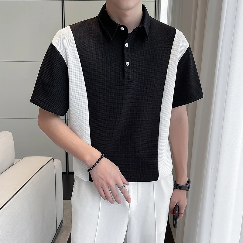 夏季新款潮流痞帅拼色翻领宽松华夫格Polo短袖T恤ins休闲百搭韩版