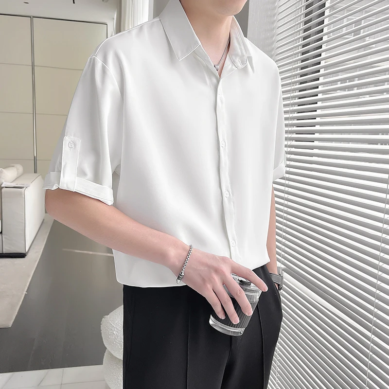 潮男前线夏季新款韩版休闲垂感抗皱宽松冰丝短袖衬衫