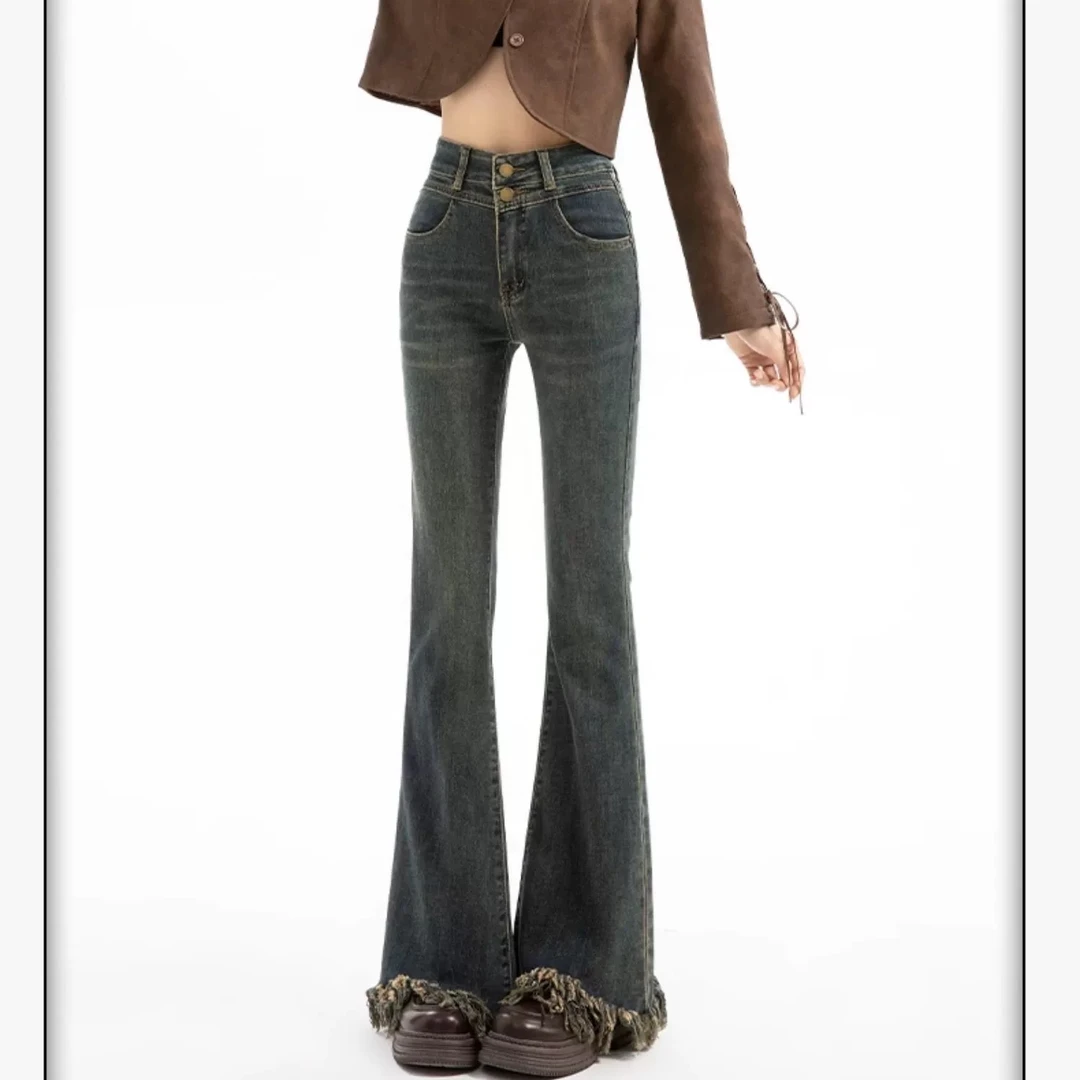 新款美式复古微喇牛仔裤女高腰显瘦弹力流苏毛边喇叭裤设计感