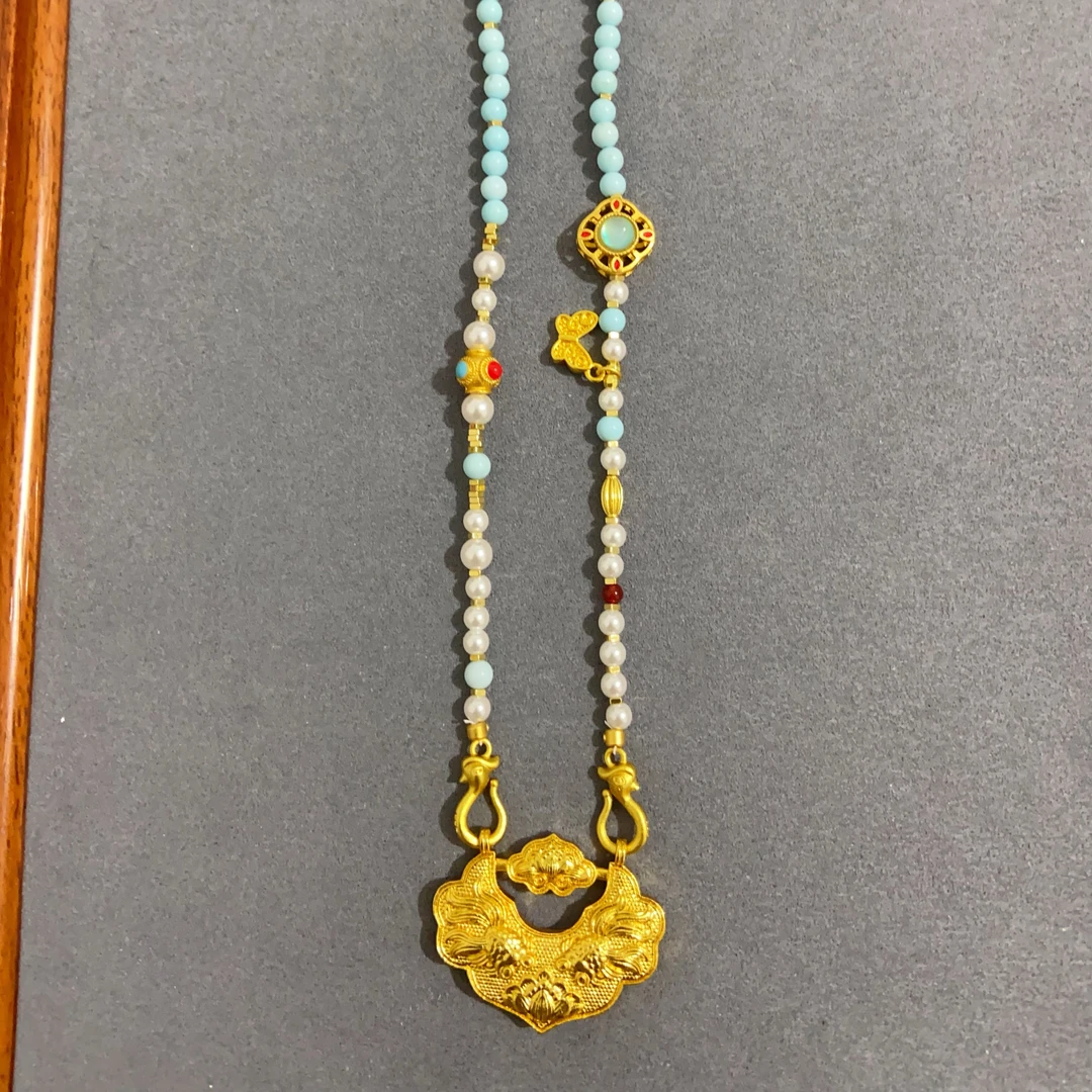 铜合金仿珍珠吊坠 新国潮 锦鲤锁蓝色白色珠拼接项链复古手工精美