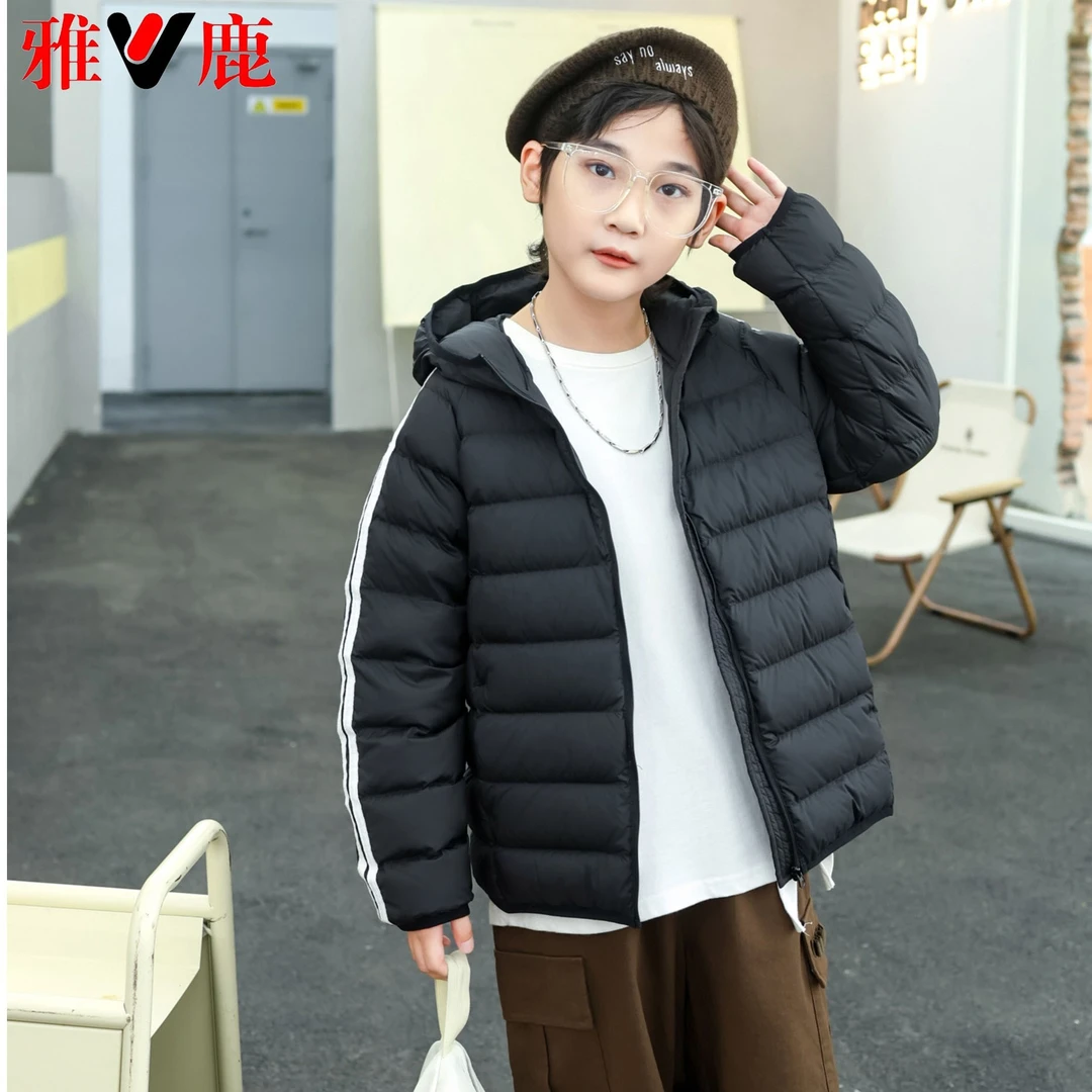 雅鹿保暖轻薄羽绒服中大童男童女童鸭绒纯色百搭韩版连帽秋冬