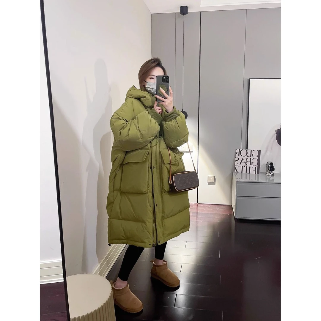 绿色加厚保暖棉服女2023新款中长款韩宽松休闲加厚连帽外套洋气wh