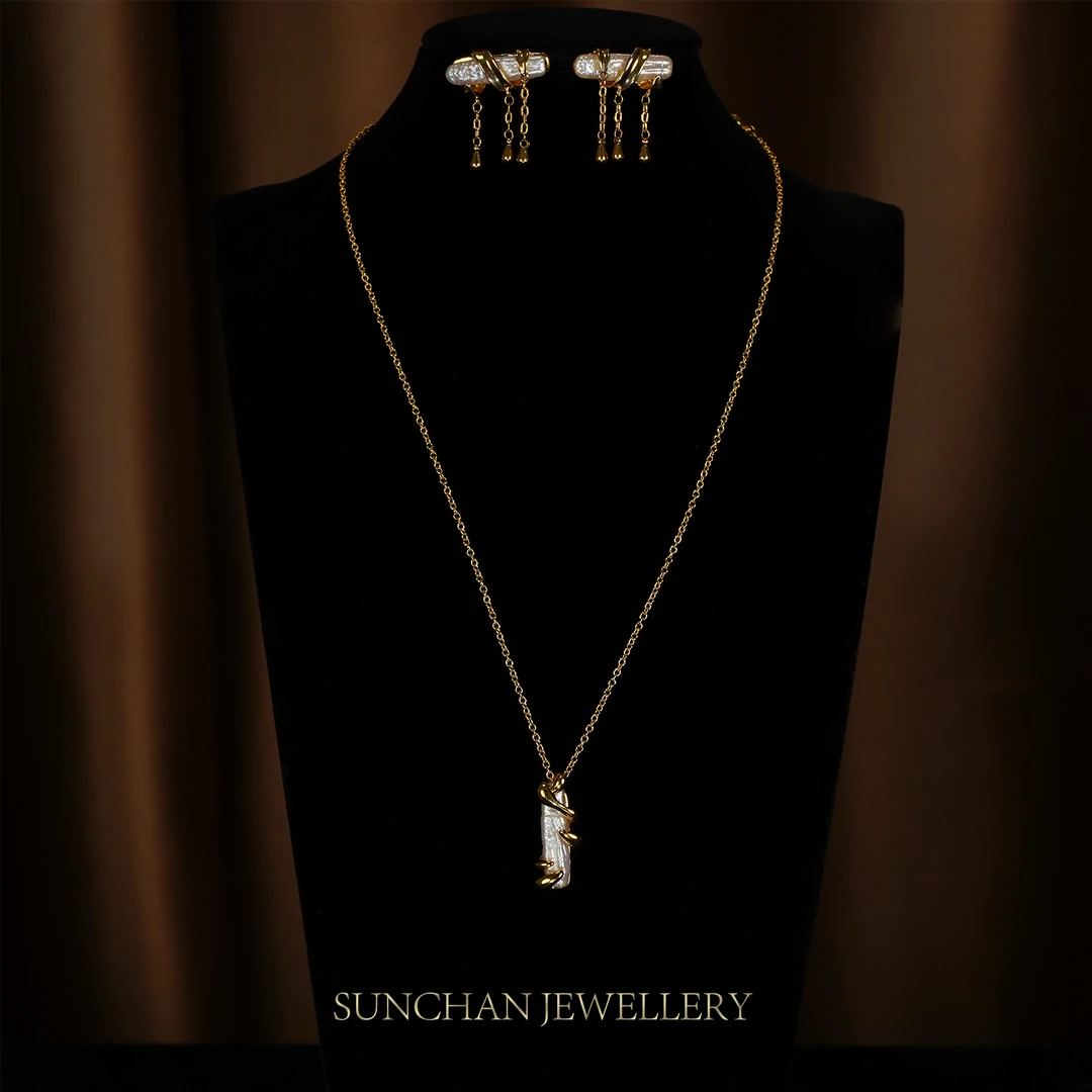 铜合金仿珍珠吊坠 SUANCHAN 【竹韵】巴洛克耳饰项链两件套46cm