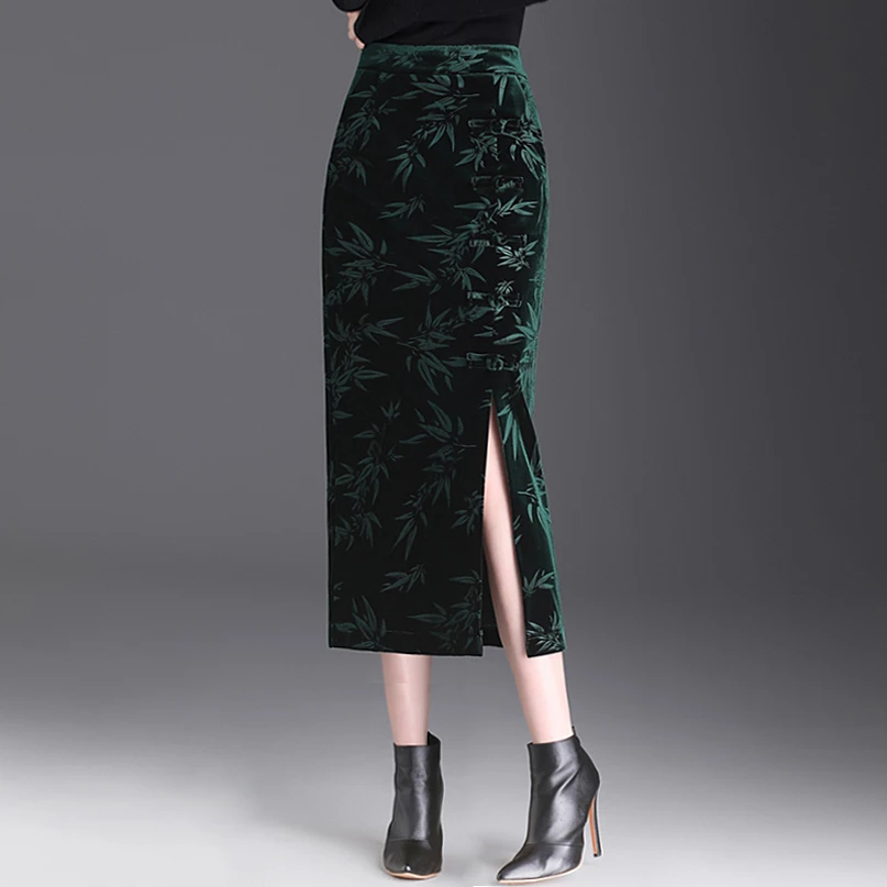 国风金丝绒竹叶花半身裙女秋冬新款包臀裙高腰开叉复古中长一步裙