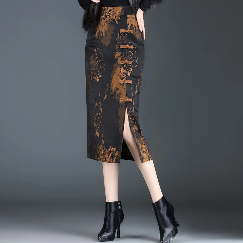 复古高级感新中式花色半身裙女秋包裹裙开叉包臀裙气质一步中长裙