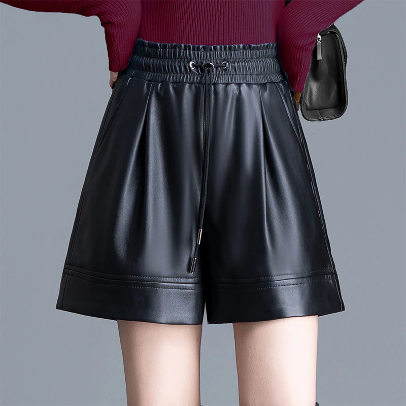 高腰皮短裤女士秋冬宽松显瘦A字阔腿松紧腰外穿四分休闲大码靴裤