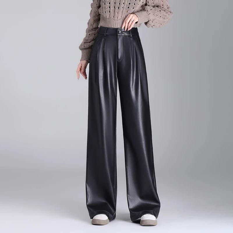 蛋白皮裤女秋冬季2025高腰显瘦宽松直筒休闲窄版垂感阔腿裤长裤