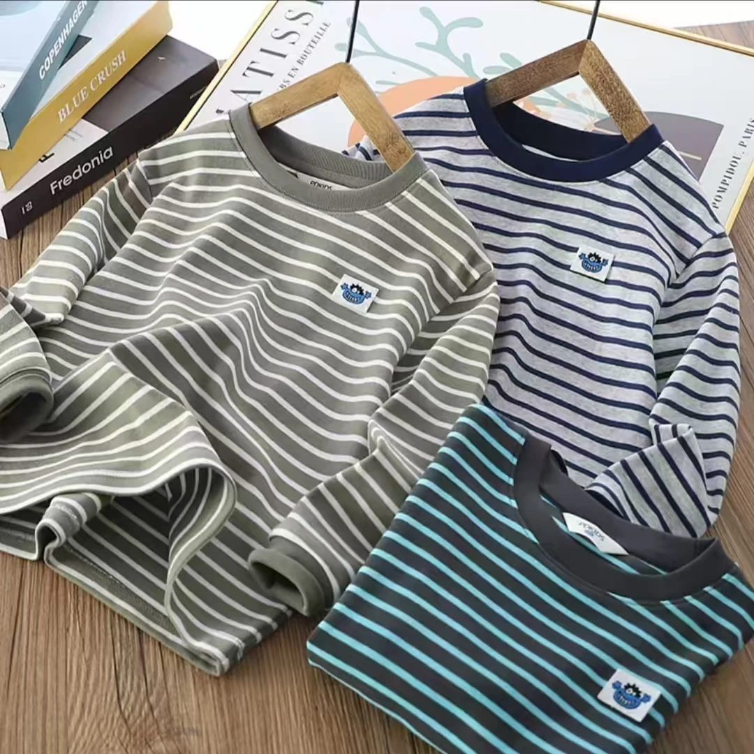 儿童打底衫2024秋冬款中大重百搭小怪兽条纹打底衫-23QS23