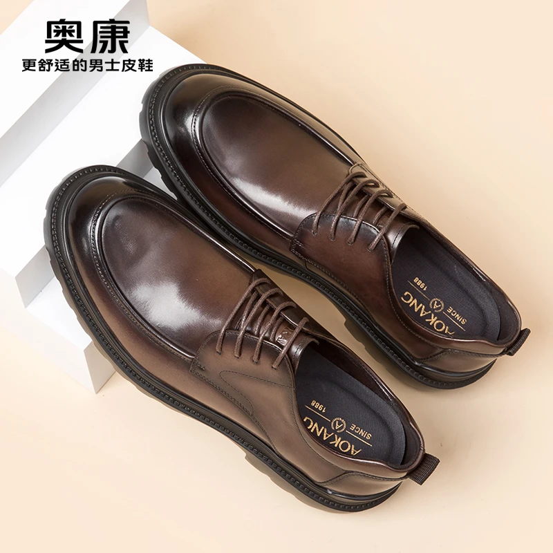 奥康男鞋新款真皮商务休闲皮鞋男款厚底增高男士英伦正装防滑鞋子