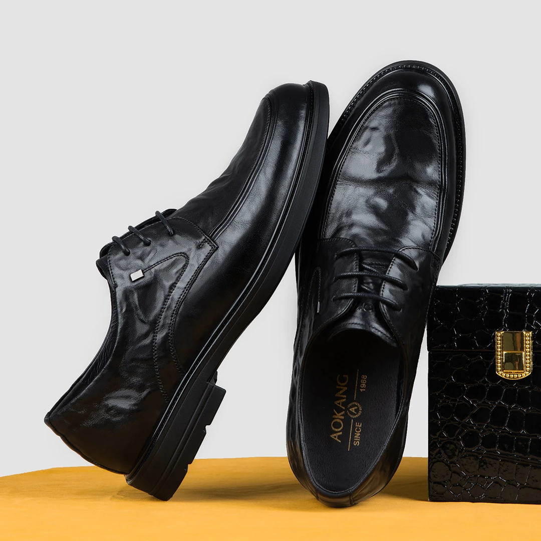 Aokang/奥康男鞋冬季休闲男皮鞋真皮增高商务男士百搭手抓纹单鞋