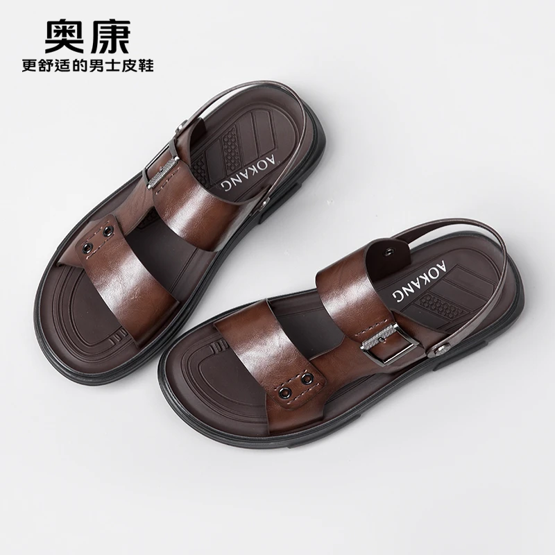 Aokang/奥康凉鞋男款夏季新款沙滩鞋男士户外休闲外穿软底皮凉鞋