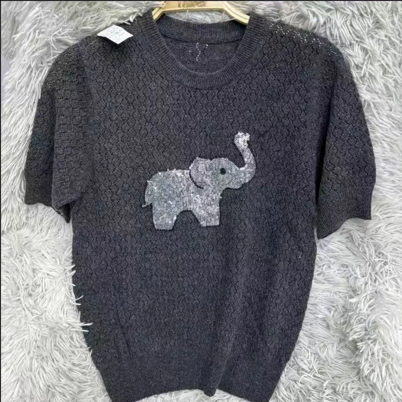 设计感气质小象亮片羊毛针织衫洋气宽松短袖上衣