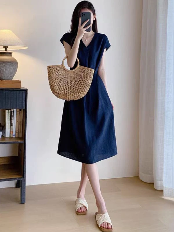 法式高端小飞袖亚麻连衣裙女气质收腰显瘦中长款裙子21030（C9-6）