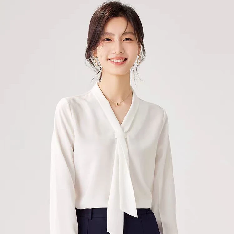 V领飘带长袖白衬衫女春夏通勤职业垂感西装内搭衬衣(C6-8)10039