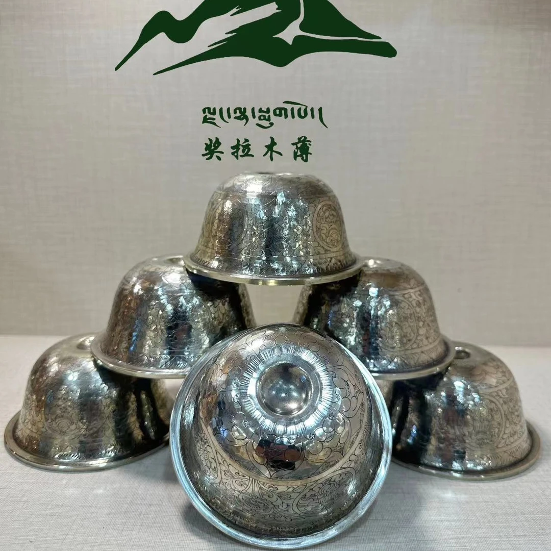 口径10cm尼泊尔手工铜器吉祥八宝藏式供水杯白铜七碗