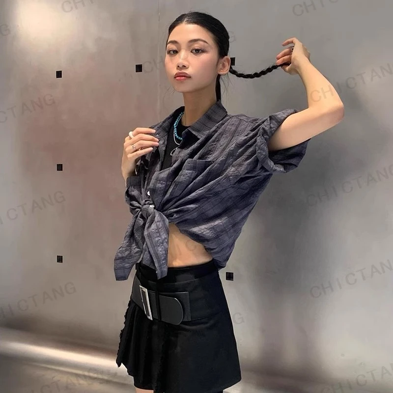 chictang韩系休闲灰色翻领格纹短袖ins休闲衬衫女迈贰