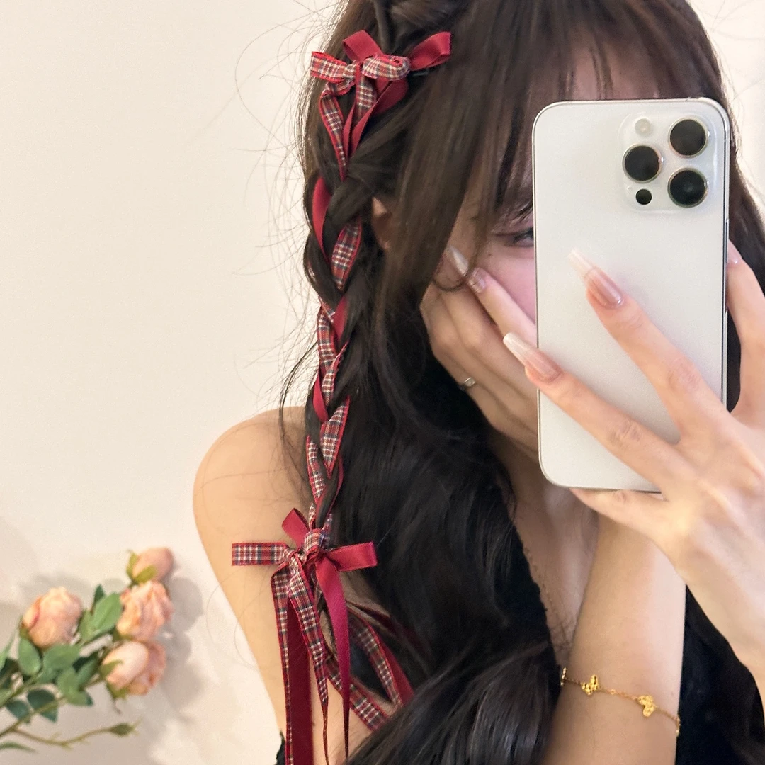 学院风长飘带格子对夹编发丝带绑发蝴蝶结发夹双马尾头饰侧边发卡