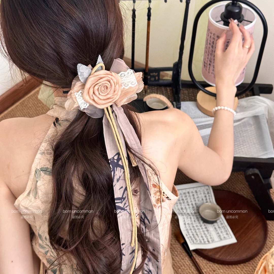 枯叶玫瑰新中式复古布艺玫瑰抓夹小众设计仙气质温柔后脑勺鲨鱼夹