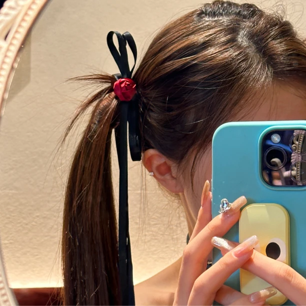 非金属布艺发饰 蕾丝飘带红色玫瑰花朵蝴蝶结发夹女后脑勺芭蕾