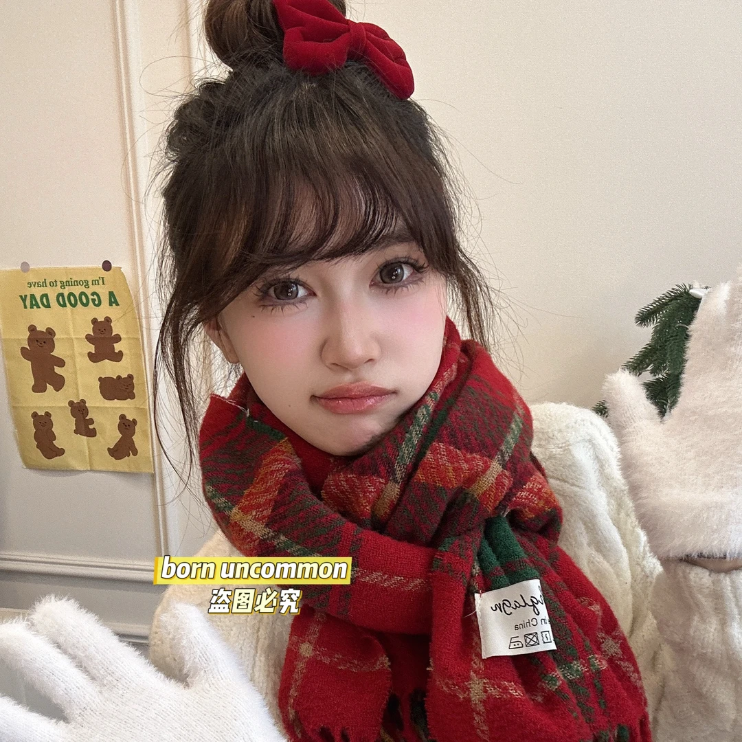 圣诞礼物红色格子围巾女冬季穿搭保暖加厚针织披肩围脖两用秋冬