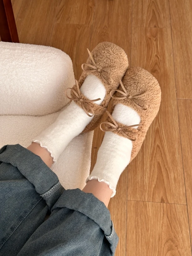 特价 纯色木耳边水貂绒袜子女中筒袜厚款软糯堆堆袜子防寒毛茸茸