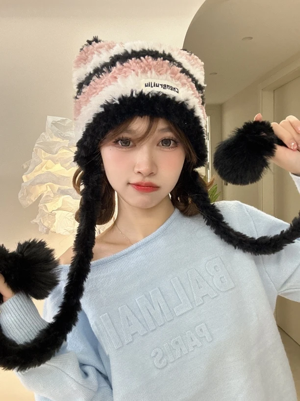 条纹毛绒帽子女秋冬可爱包包针织帽保暖护耳包头帽毛线帽女冬