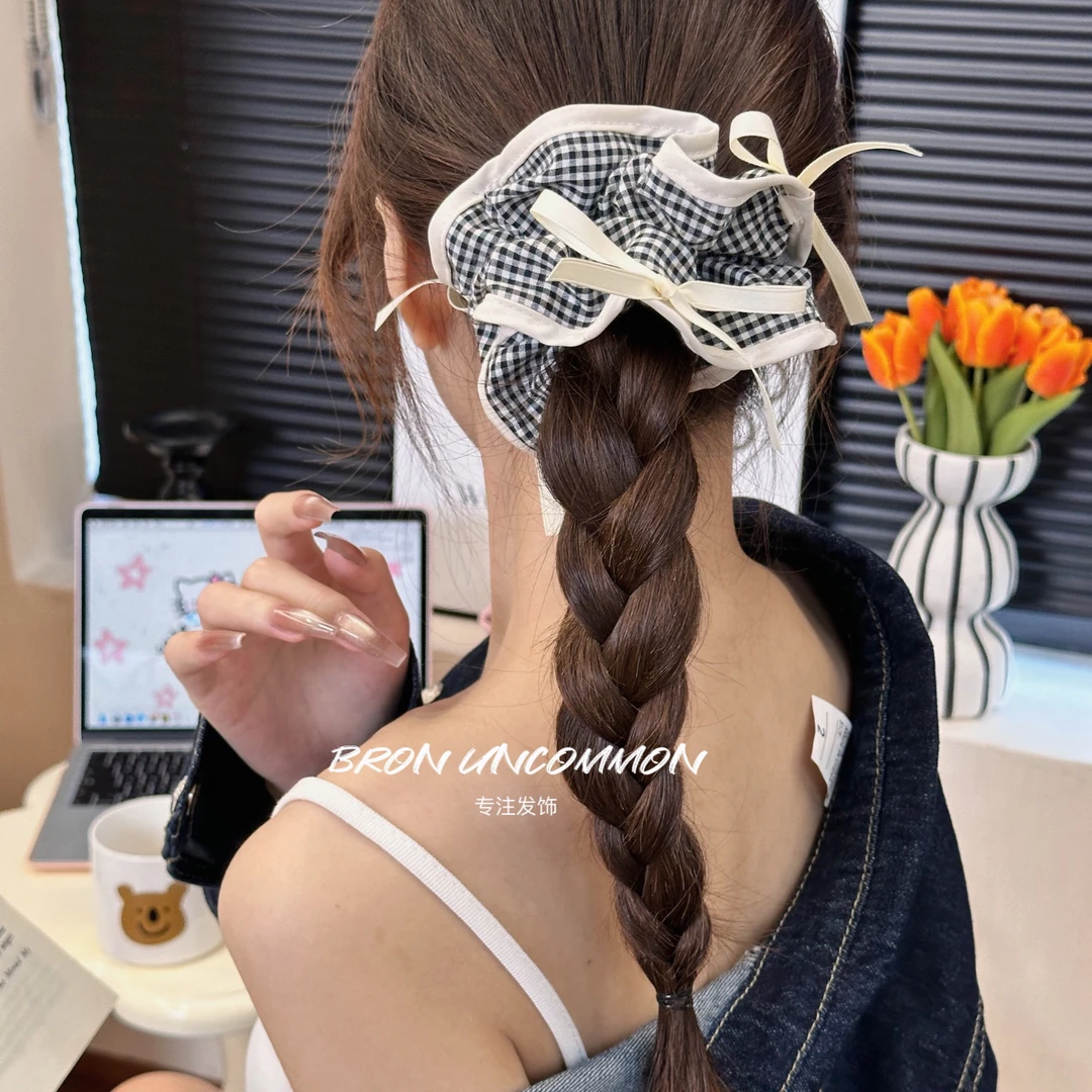 甜心芭蕾~学院风黑色格纹蝴蝶结大肠发圈女可爱甜美发饰发绳头饰