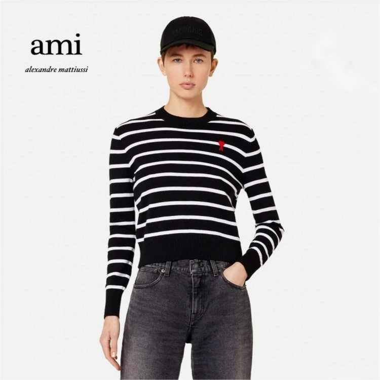 Ami Paris女士爱心款休闲条纹针织毛衣FKS101.002