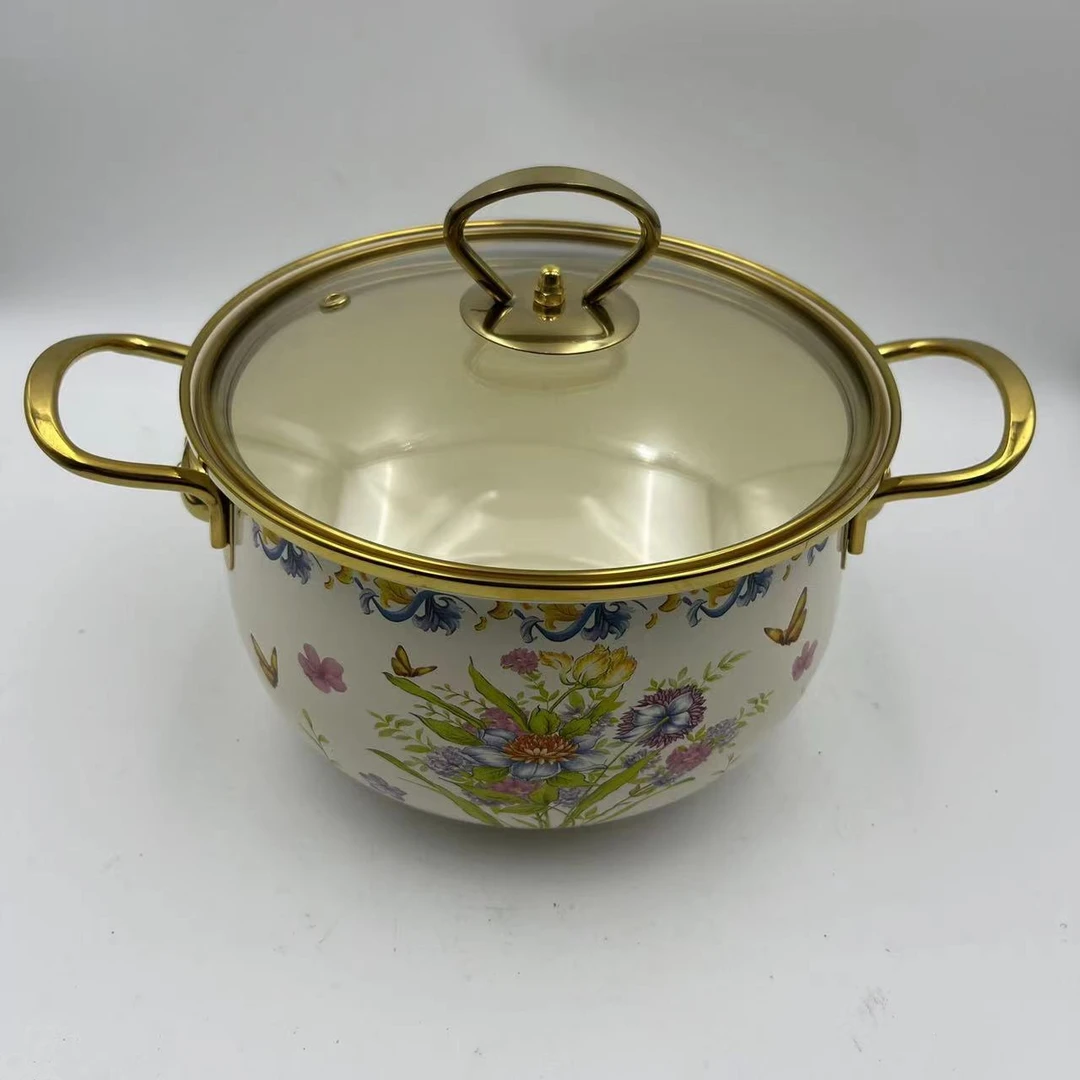 20cm【浪漫时光】搪瓷珐琅汤锅金边玻璃盖电磁炉明火通用