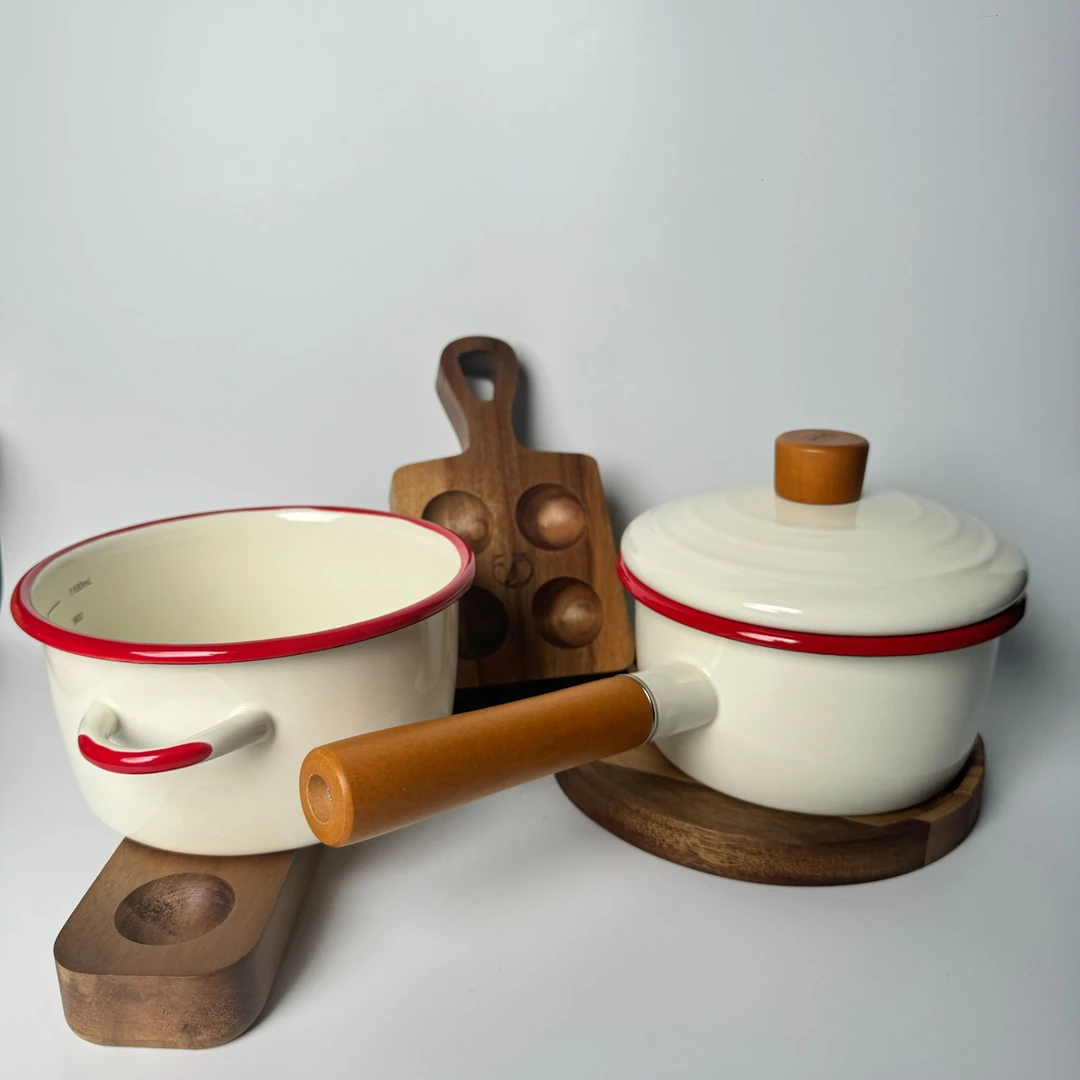 出口定制款珐琅搪瓷双耳汤锅+单柄奶锅套装/辅食锅灶具通用