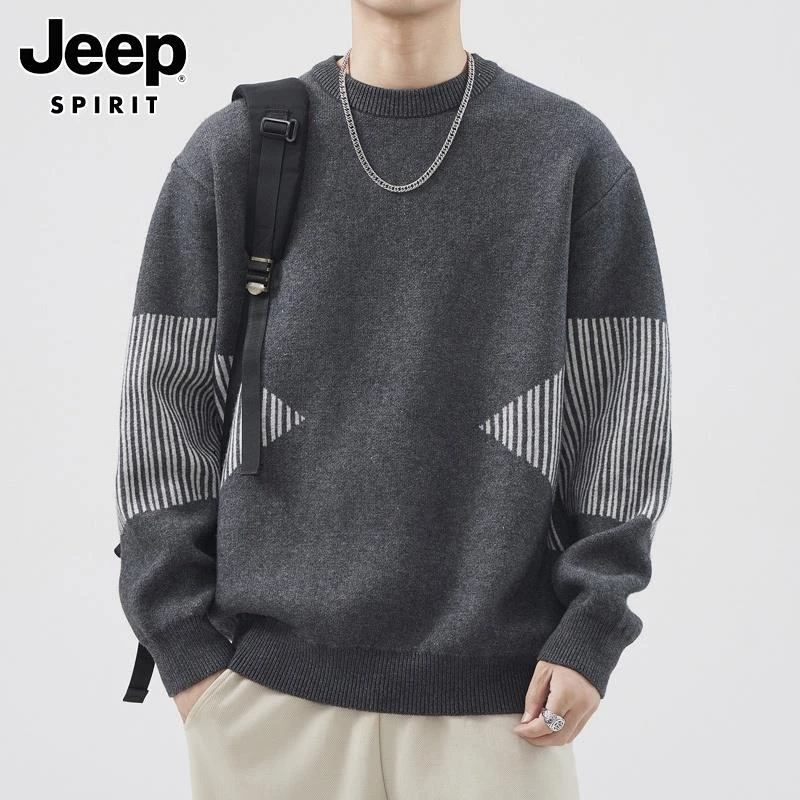 Jeep吉普男士圆领毛衣秋冬季新款潮流复古宽松休闲加厚打底针织衫