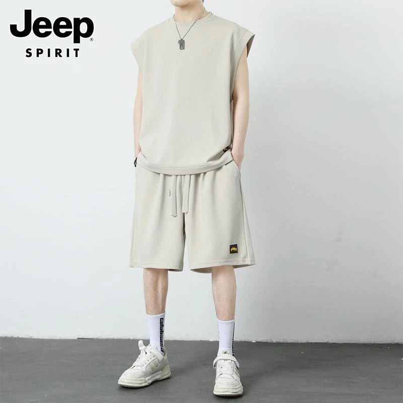 Jeep吉普男士休闲运动套装夏季无袖t恤宽松百搭阔腿 短裤两件套男