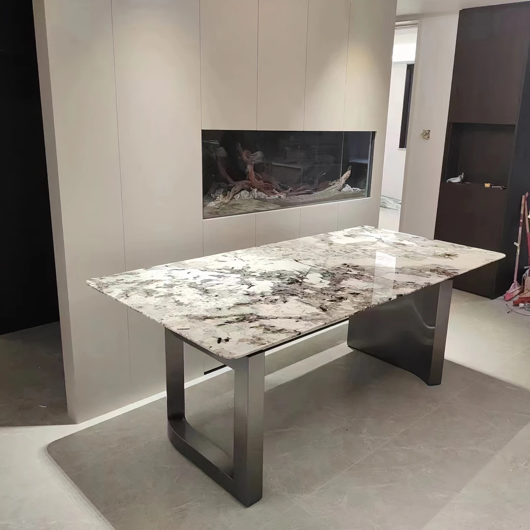 雪山兰奢石餐桌意式极简长方形餐桌现代简约家用天然大理石饭桌