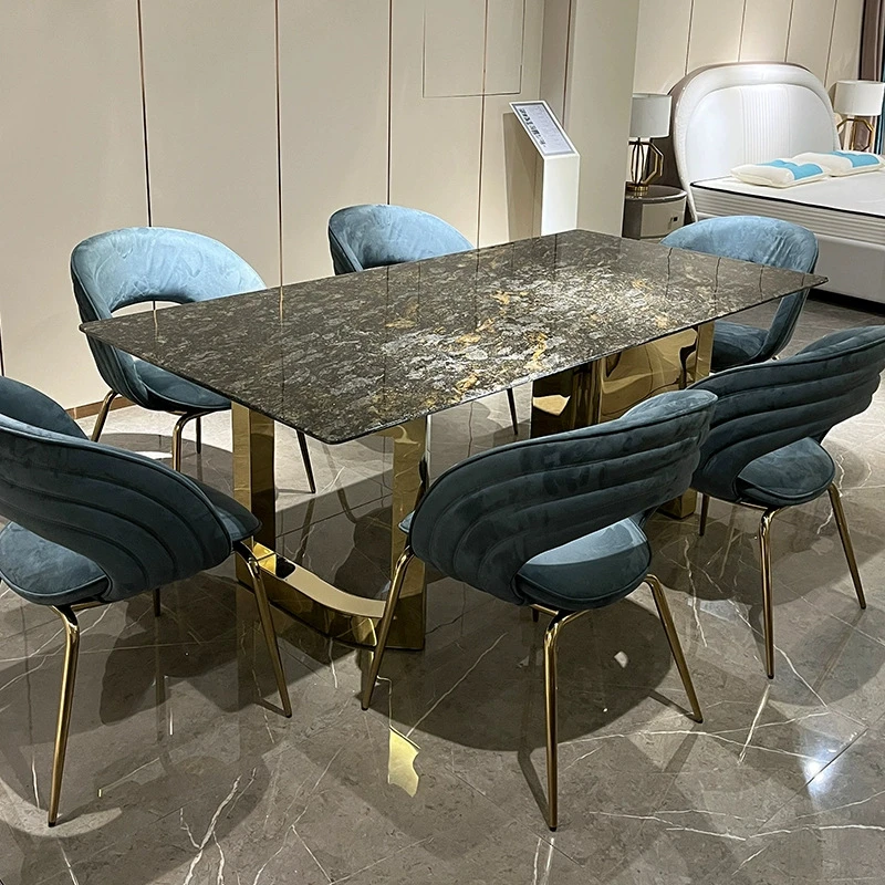 铂金钻奢石餐桌长方形大户型豪宅别墅设计师款天然大理石餐桌椅