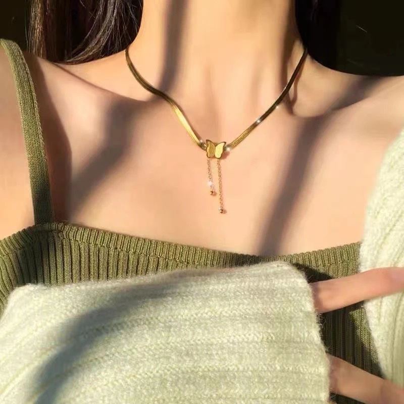 钛钢项链 钛钢项链 A-122-蛇皮流苏蝴蝶项链吊坠小众简约