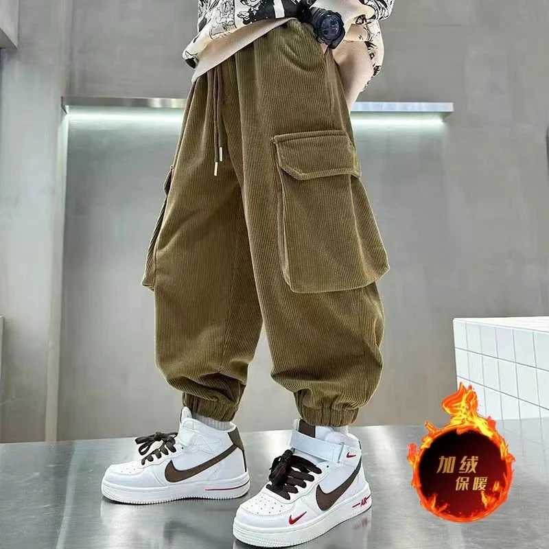 男童帅气2024新款春秋款加厚休闲裤5-15岁中大童冬季加绒工装裤